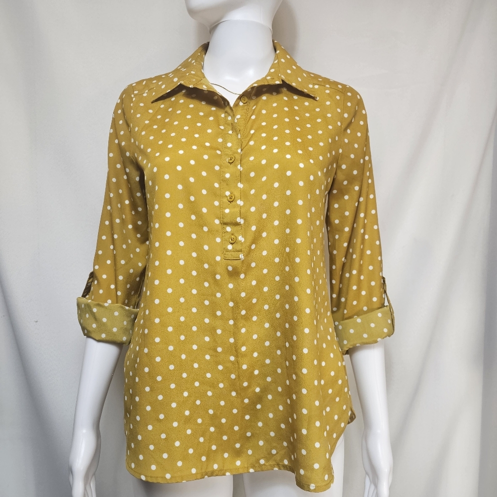 Ann Taylor Petite Mustard Yellow Polka Dot Blouse - XSP